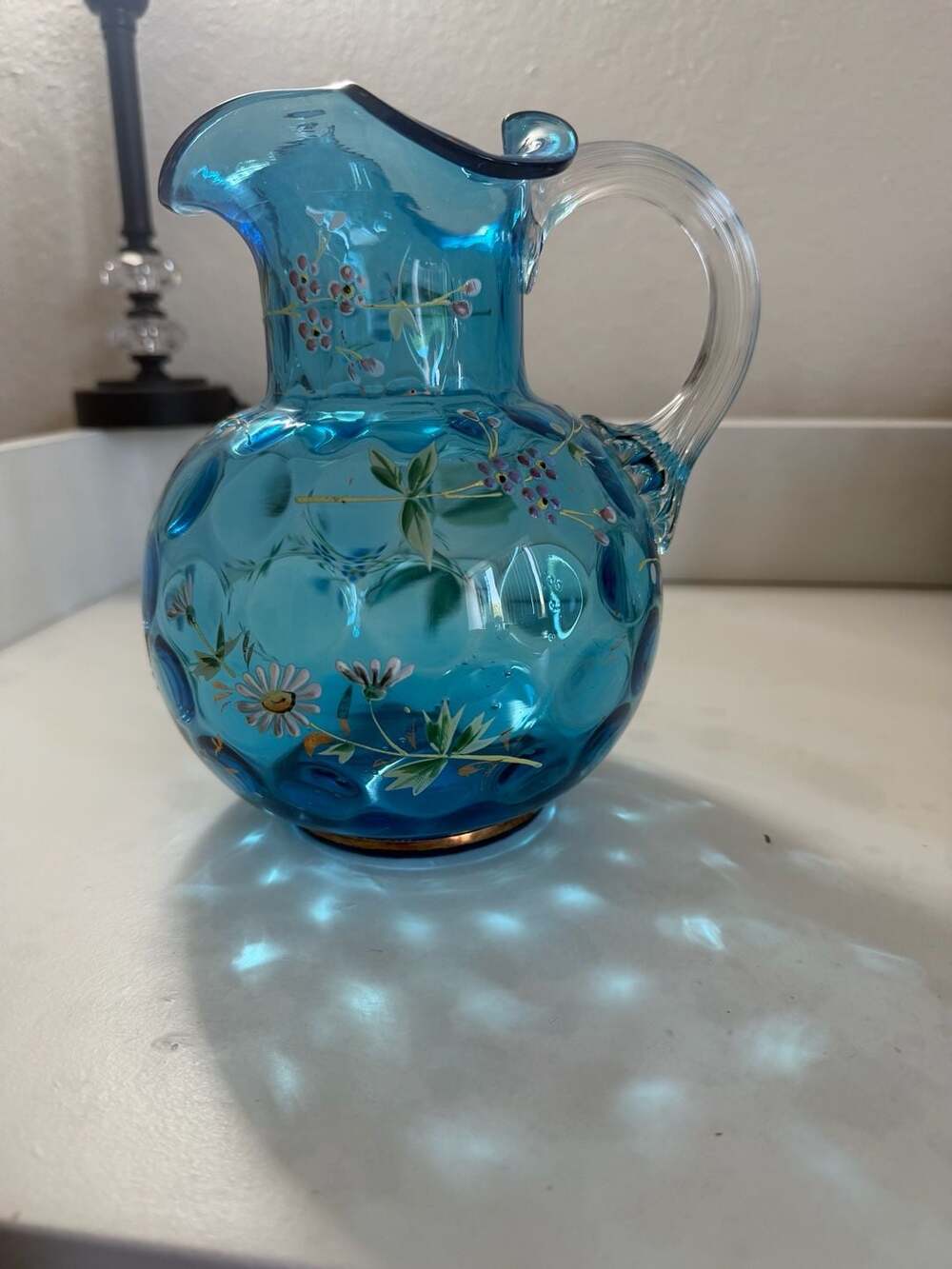 Vintage Hand-Blown Blue Art Glass Pitcher with Hand-Painted Floral Enamel Design
